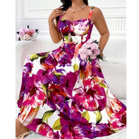 Plus Vibrant Floral Print Stretchy Waist Dress - Picture 1 of 4